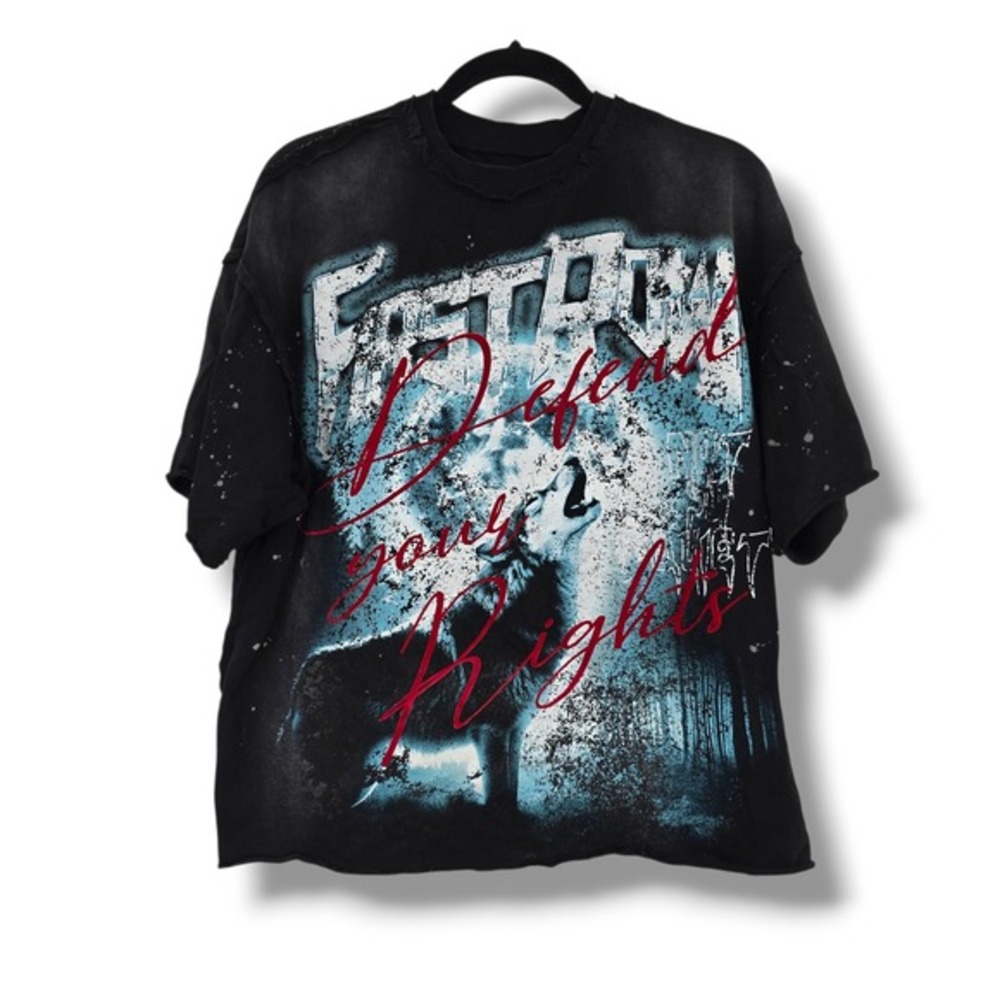 First Row‎ Men Black Wolf Graphic Distressed T-Shirt Defend Your Rights Small